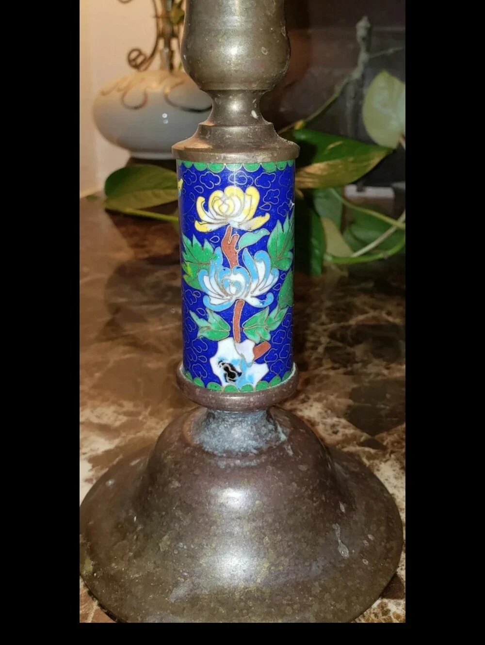 Vintage Cloisonne Enamel & Brass Ornate Candle Stick Holder